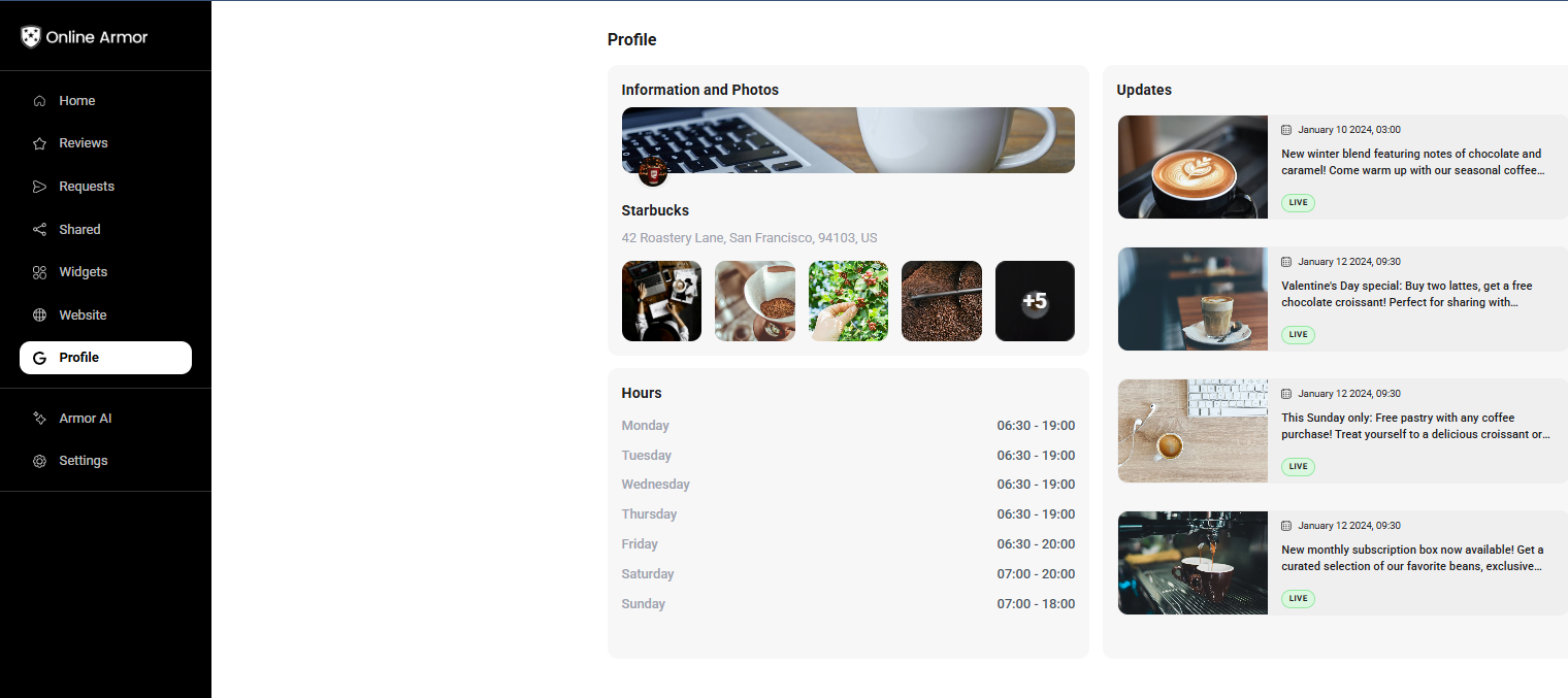 Google Business Profile feature inside the Online Armor dashboard