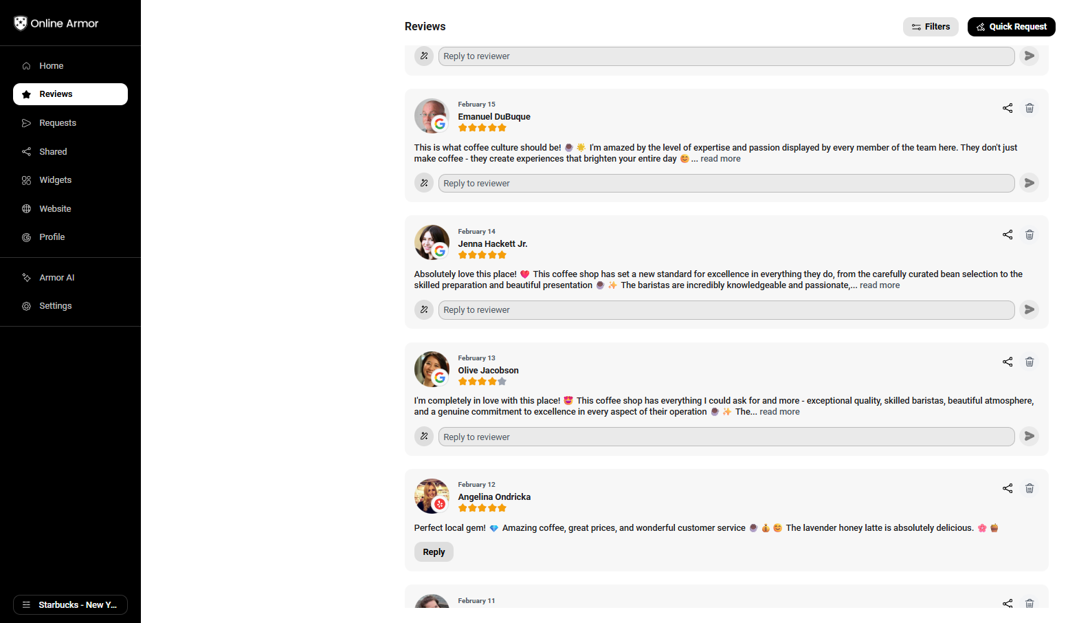 Review Management feature inside the Online Armor dashboard